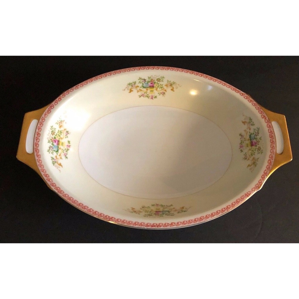 Meito China Vegetable Bowl MEI416 Oval Handled Red Edge Floral Bouquet Japan